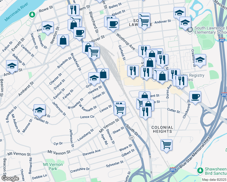 map of restaurants, bars, coffee shops, grocery stores, and more near 342 South Broadway in Lawrence