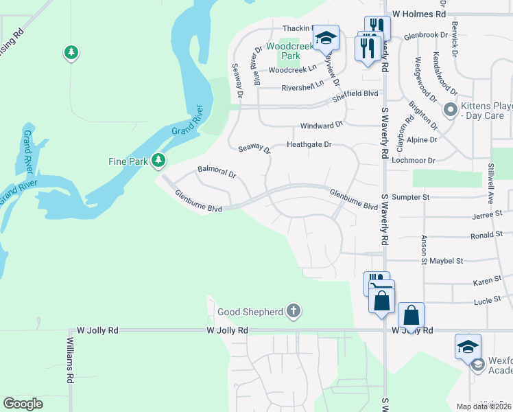 map of restaurants, bars, coffee shops, grocery stores, and more near 4412 Seaway Drive in Lansing