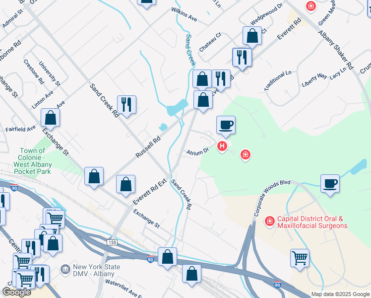 map of restaurants, bars, coffee shops, grocery stores, and more near 2 Atrium Drive in Albany