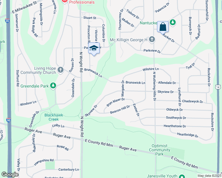 map of restaurants, bars, coffee shops, grocery stores, and more near 3807 Skyview Drive in Janesville
