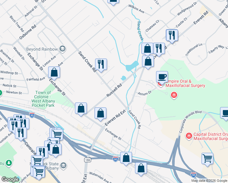 map of restaurants, bars, coffee shops, grocery stores, and more near 50 Sand Creek Road in Albany