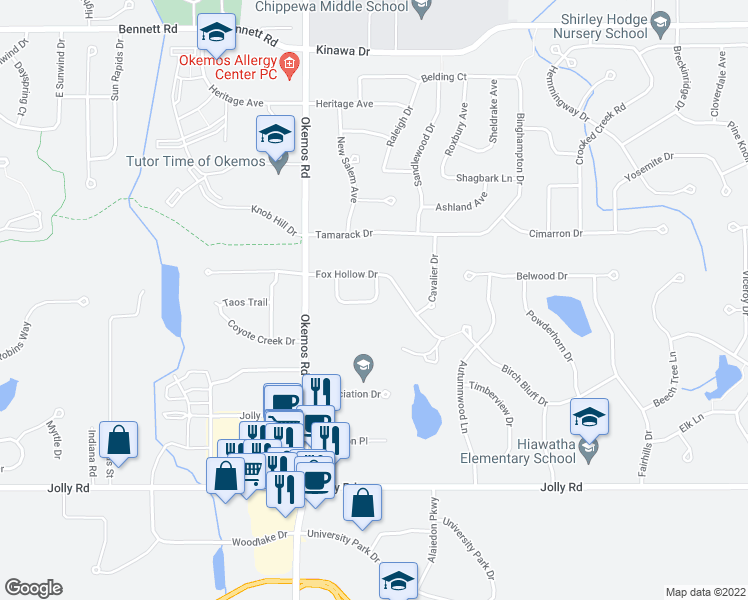 map of restaurants, bars, coffee shops, grocery stores, and more near 2153 Woodleaf Court in Meridian charter Township
