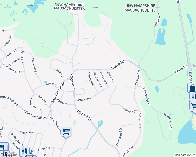 map of restaurants, bars, coffee shops, grocery stores, and more near 34 Stephen Avenue in Dracut