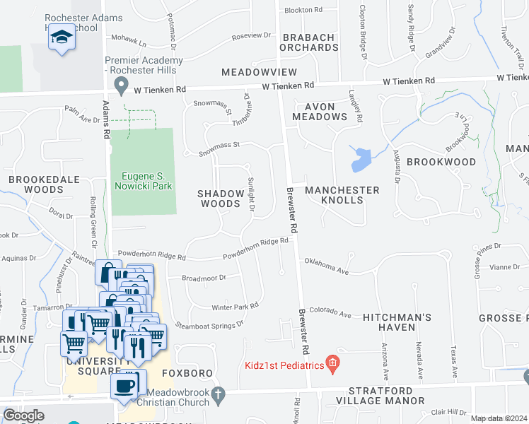 map of restaurants, bars, coffee shops, grocery stores, and more near 530 Sunlight Drive in Rochester Hills