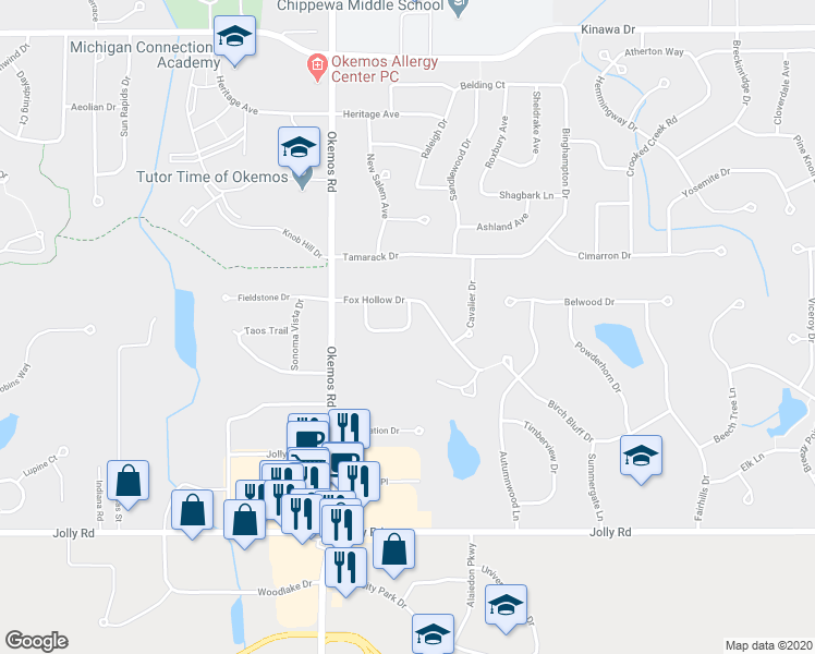 map of restaurants, bars, coffee shops, grocery stores, and more near 2149 Woodleaf Court in Meridian charter Township