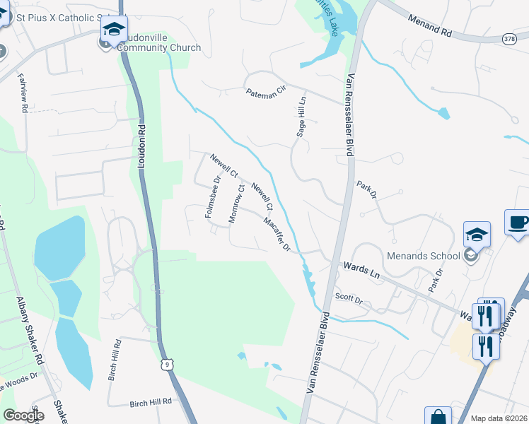 map of restaurants, bars, coffee shops, grocery stores, and more near 16 Macaffer Drive in Menands