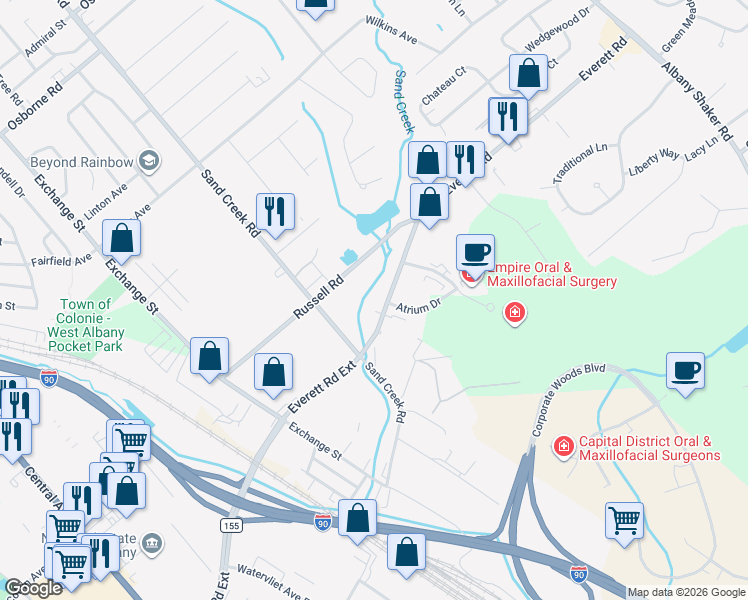 map of restaurants, bars, coffee shops, grocery stores, and more near 22 Everett Road in Albany