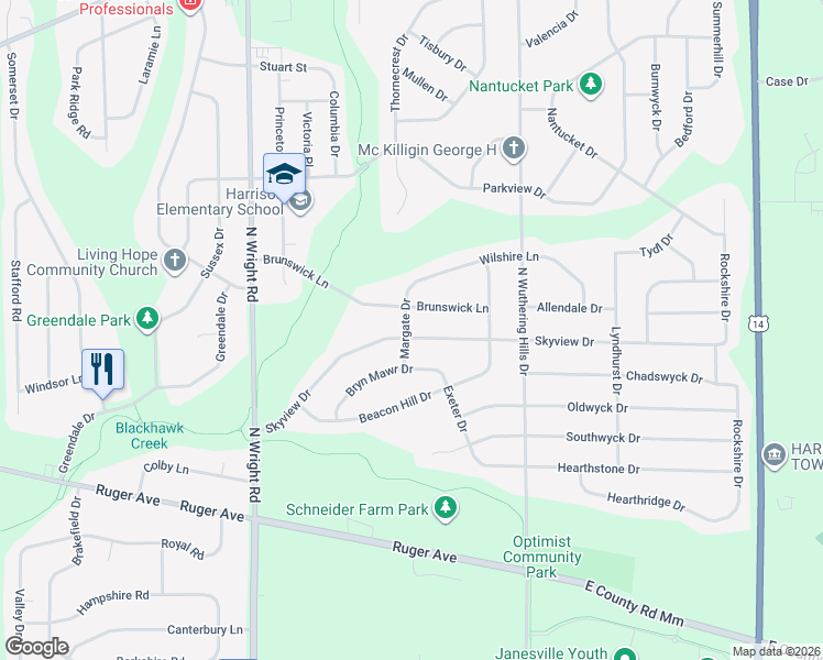 map of restaurants, bars, coffee shops, grocery stores, and more near 3918 Skyview Drive in Janesville