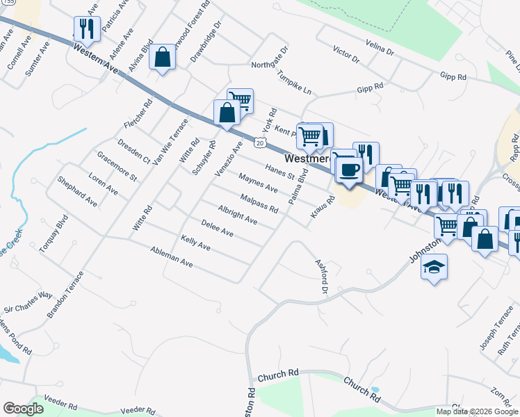 map of restaurants, bars, coffee shops, grocery stores, and more near 18 Malpass Road in Albany