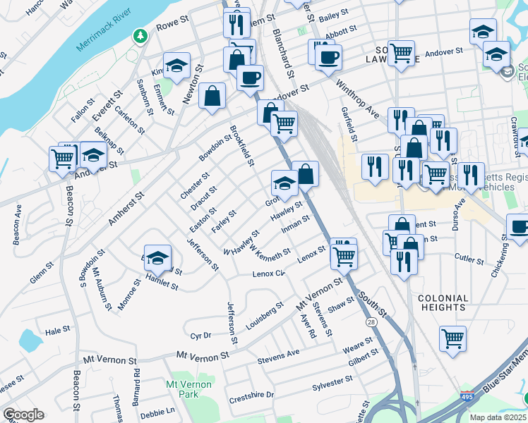 map of restaurants, bars, coffee shops, grocery stores, and more near 55 Hawley Street in Lawrence