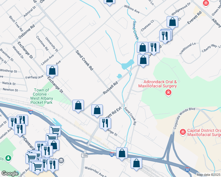 map of restaurants, bars, coffee shops, grocery stores, and more near 50 Sand Creek Road in Albany
