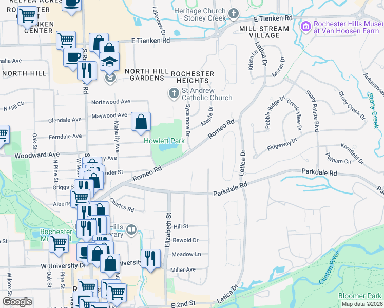map of restaurants, bars, coffee shops, grocery stores, and more near 500 Romeo Road in Rochester