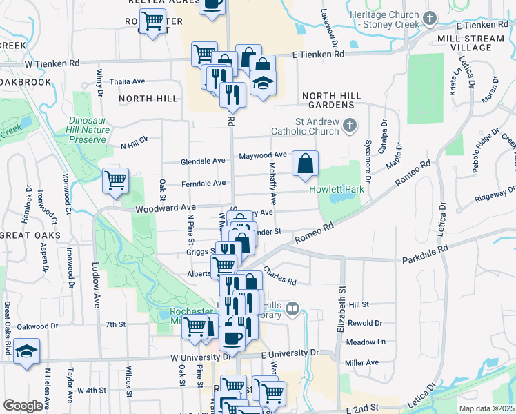 map of restaurants, bars, coffee shops, grocery stores, and more near 122 Terry Avenue in Rochester