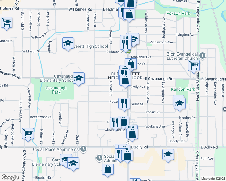 map of restaurants, bars, coffee shops, grocery stores, and more near 4510 Donald Street in Lansing