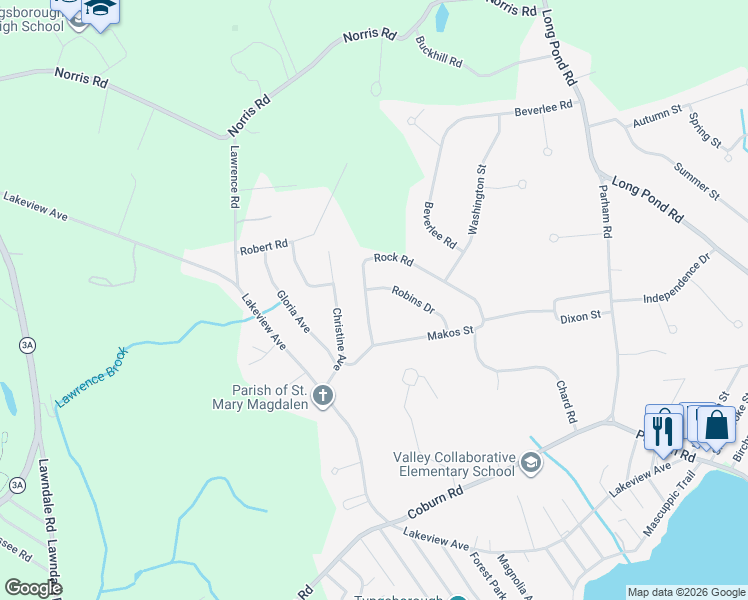 map of restaurants, bars, coffee shops, grocery stores, and more near 33 Rock Road in Tyngsborough