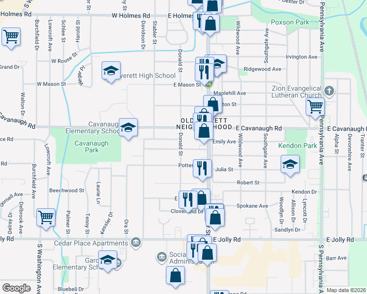 map of restaurants, bars, coffee shops, grocery stores, and more near 4510 Donald Street in Lansing