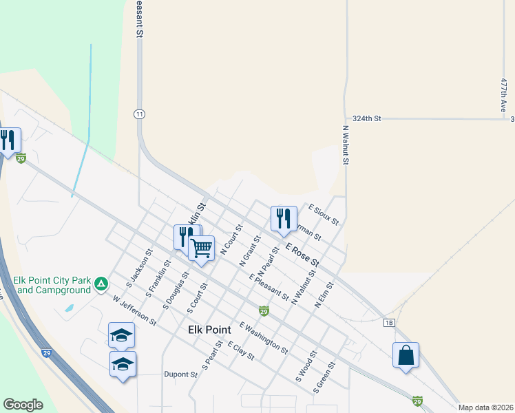 map of restaurants, bars, coffee shops, grocery stores, and more near 411 North Court Street in Elk Point