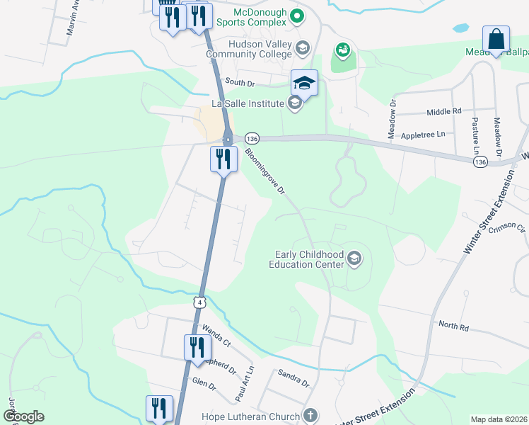 map of restaurants, bars, coffee shops, grocery stores, and more near 76 Bloomingrove Drive in Troy