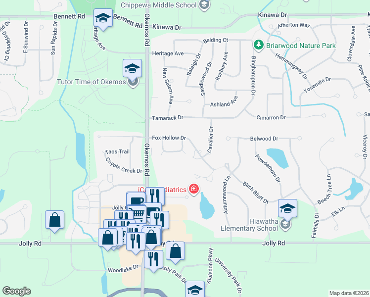 map of restaurants, bars, coffee shops, grocery stores, and more near 2159 Woodleaf Court in Meridian charter Township