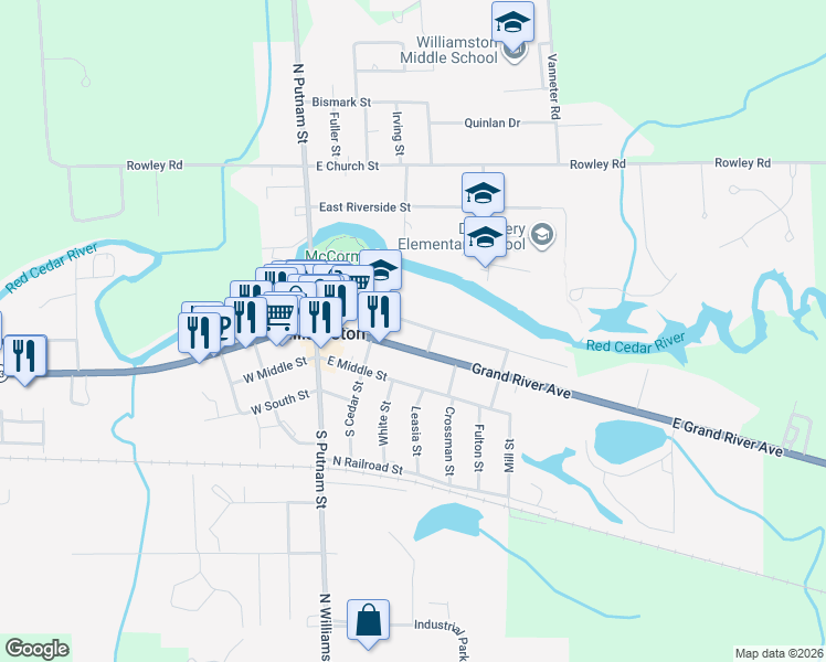 map of restaurants, bars, coffee shops, grocery stores, and more near 331 East Grand River Road in Williamston
