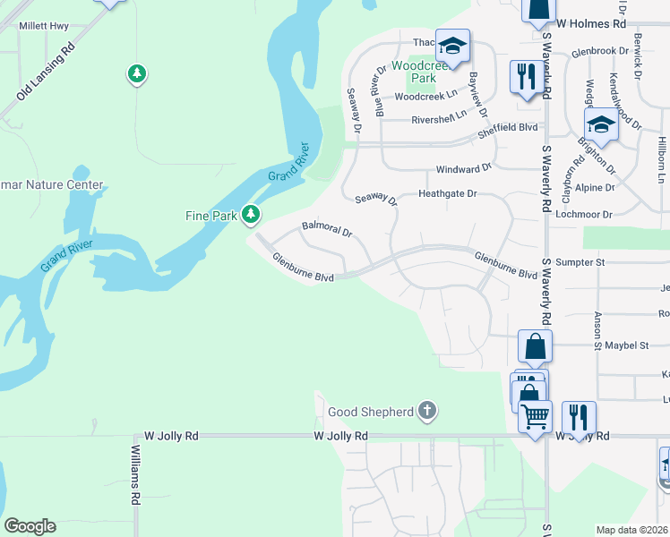 map of restaurants, bars, coffee shops, grocery stores, and more near 4240 Glenburne Boulevard in Lansing