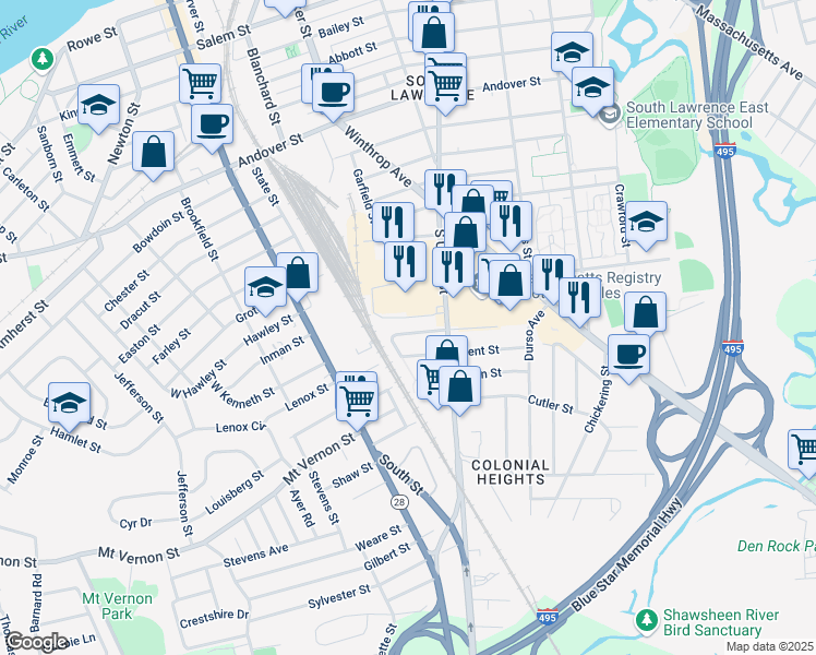 map of restaurants, bars, coffee shops, grocery stores, and more near 45 Kent Street in Lawrence