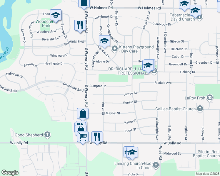 map of restaurants, bars, coffee shops, grocery stores, and more near 3615 Sumpter Street in Lansing