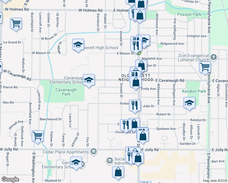 map of restaurants, bars, coffee shops, grocery stores, and more near 114 East Everettdale Avenue in Lansing