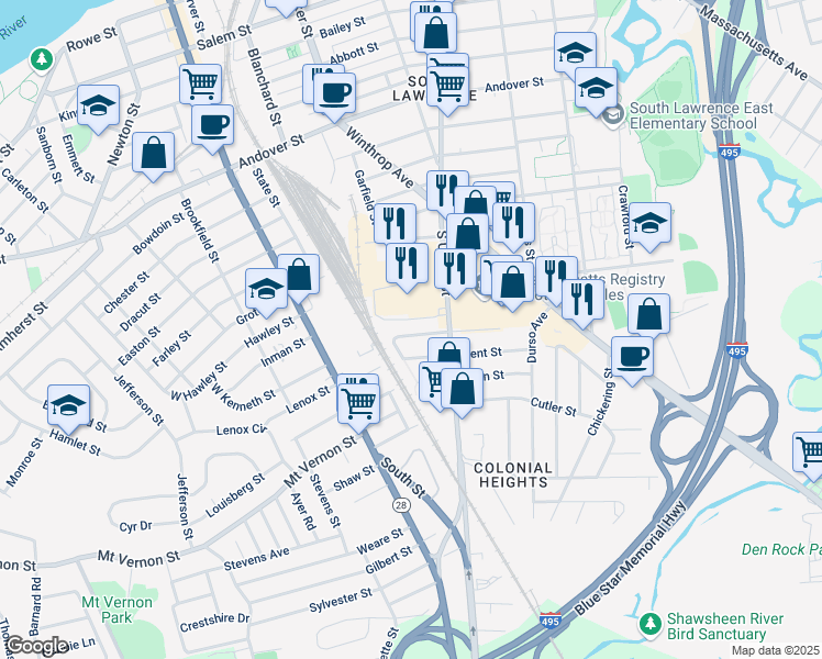 map of restaurants, bars, coffee shops, grocery stores, and more near 45 Kent Street in Lawrence