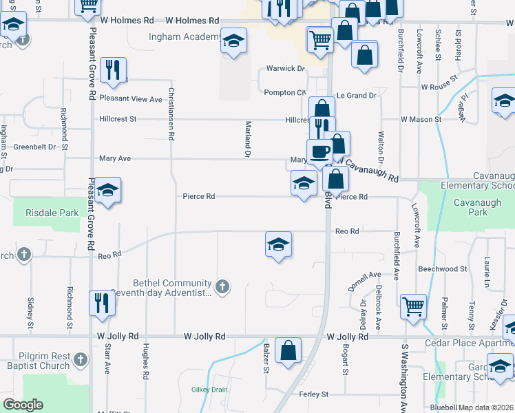 map of restaurants, bars, coffee shops, grocery stores, and more near 1406 Reo Road in Lansing
