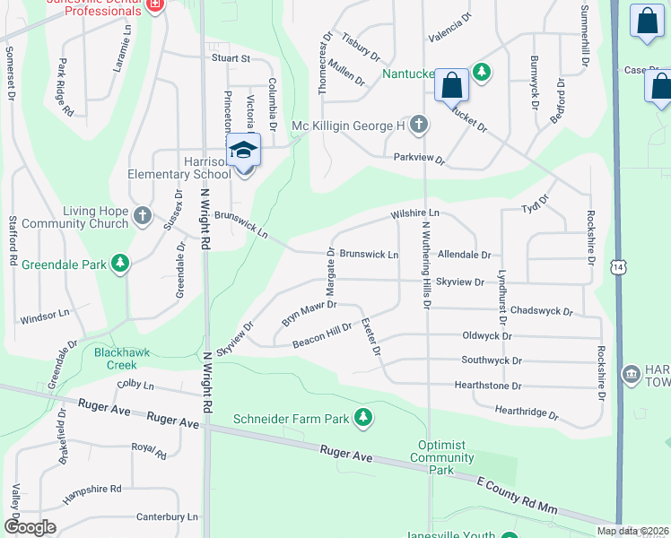 map of restaurants, bars, coffee shops, grocery stores, and more near 3918 Skyview Drive in Janesville