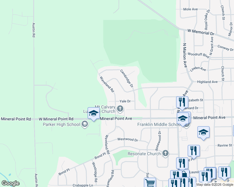 map of restaurants, bars, coffee shops, grocery stores, and more near 3004 Yale Drive in Janesville