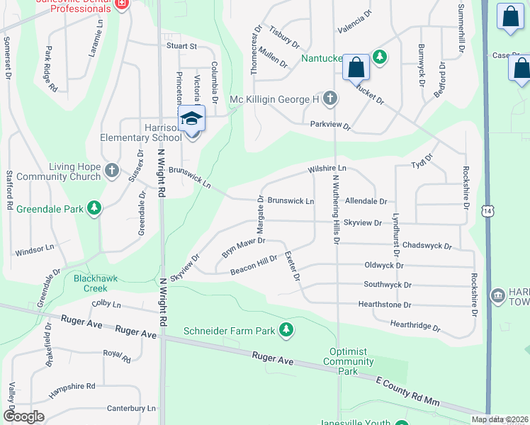 map of restaurants, bars, coffee shops, grocery stores, and more near 3918 Skyview Drive in Janesville