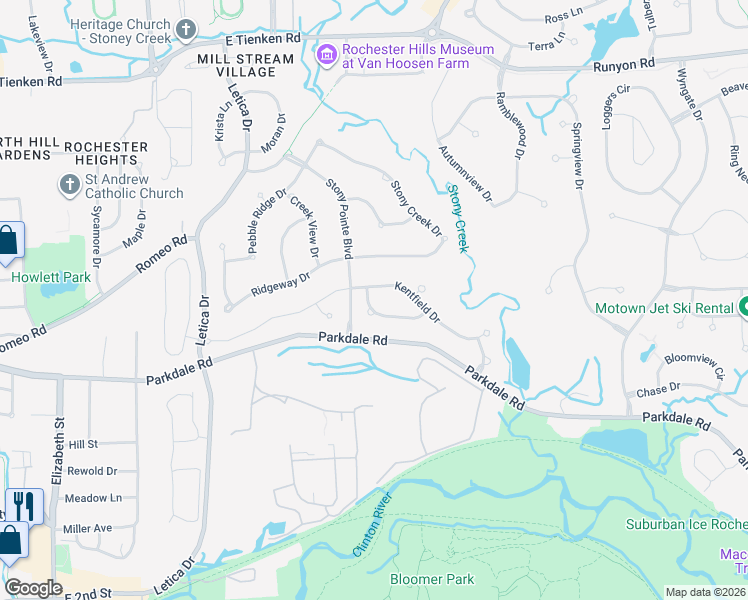 map of restaurants, bars, coffee shops, grocery stores, and more near 1215 Putnam Circle in Rochester
