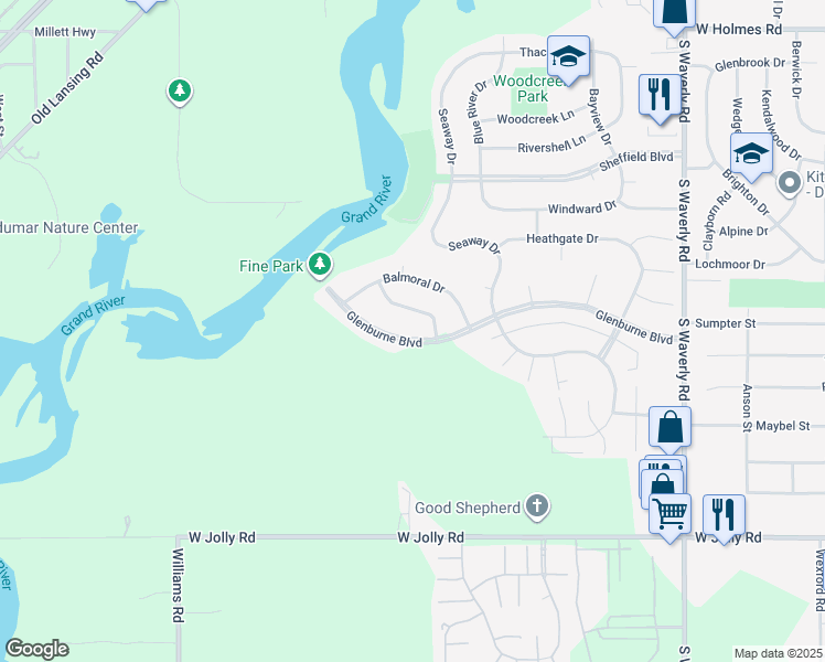 map of restaurants, bars, coffee shops, grocery stores, and more near 4240 Glenburne Boulevard in Lansing
