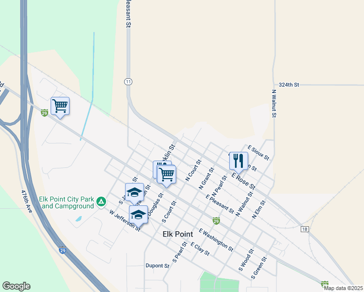 map of restaurants, bars, coffee shops, grocery stores, and more near 108 West Rose Street in Elk Point