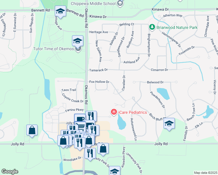 map of restaurants, bars, coffee shops, grocery stores, and more near 2139 Woodleaf Court in Meridian charter Township