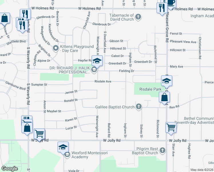 map of restaurants, bars, coffee shops, grocery stores, and more near 4501 Ballard Road in Lansing