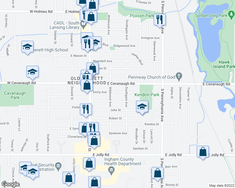 map of restaurants, bars, coffee shops, grocery stores, and more near 620 Emily Avenue in Lansing
