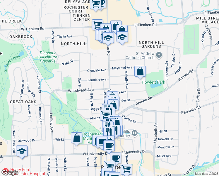 map of restaurants, bars, coffee shops, grocery stores, and more near 1108 North Main Street in Rochester