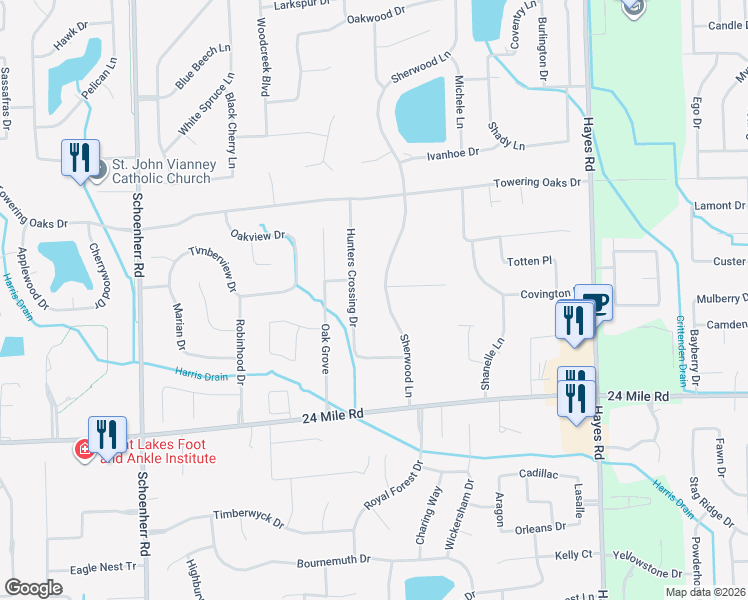 map of restaurants, bars, coffee shops, grocery stores, and more near 53299 Sherwood Lane in Macomb County