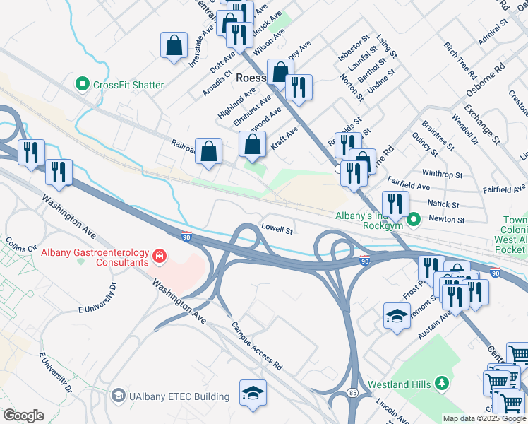 map of restaurants, bars, coffee shops, grocery stores, and more near 16 Kneeland Street in Albany