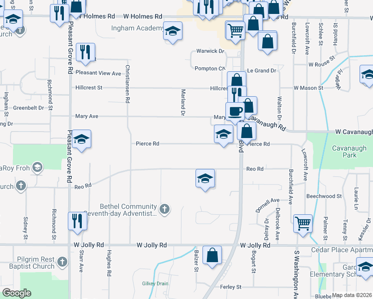 map of restaurants, bars, coffee shops, grocery stores, and more near 1514 Reo Road in Lansing