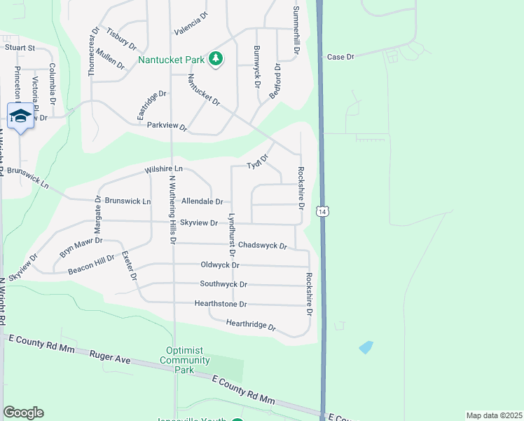 map of restaurants, bars, coffee shops, grocery stores, and more near 4405 Skyview Drive in Janesville