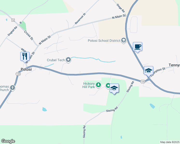 map of restaurants, bars, coffee shops, grocery stores, and more near 153 Great River Road in Potosi