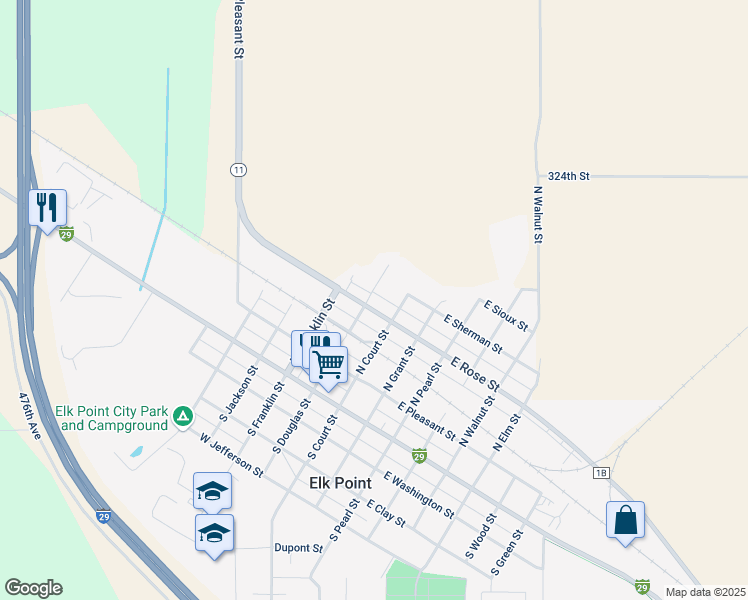 map of restaurants, bars, coffee shops, grocery stores, and more near 108 West Rose Street in Elk Point