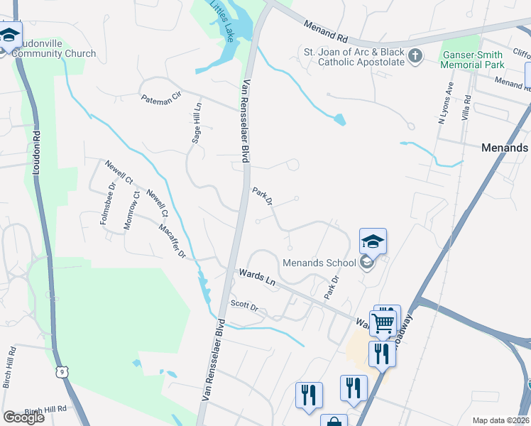 map of restaurants, bars, coffee shops, grocery stores, and more near 28 Park Drive in Menands
