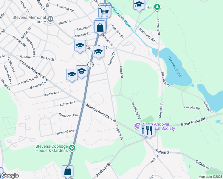 map of restaurants, bars, coffee shops, grocery stores, and more near 179 Osgood Street in North Andover