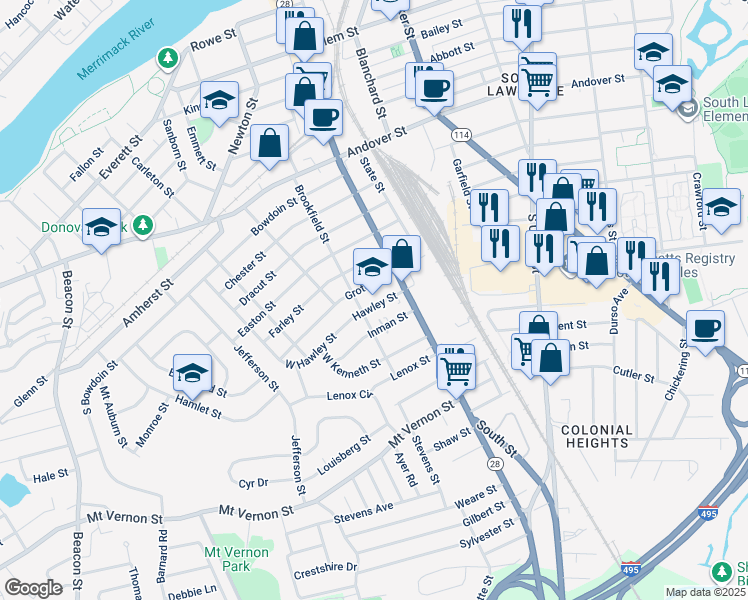 map of restaurants, bars, coffee shops, grocery stores, and more near 23 Hawley Street in Lawrence