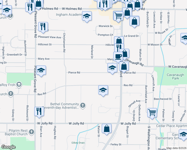 map of restaurants, bars, coffee shops, grocery stores, and more near 1514 Reo Road in Lansing
